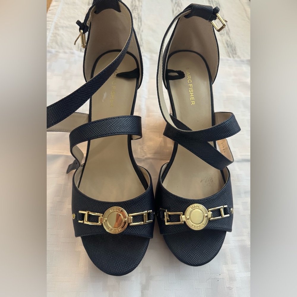 Marc Fisher Navy Heels with Gold Accents